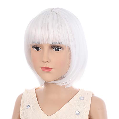 Image of PATTNIUM Kids White Wig Child Short White Bob Wigs for Girls Cosplay Party Synthetic Rose Net Daily Wear Wigs