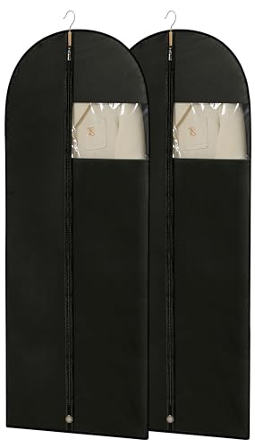 Dress Bags for Gowns, 65'' Long Garment Bags for Hanging Clothes, Dress Garment Bag, Black Dress Bag with Clear Window for Dresses, Coats, Uniforms（2 Packs）