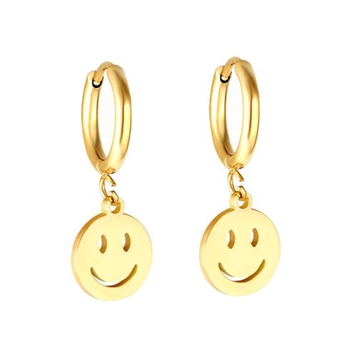 Image of 18K Gold Plated Smiley Face Hoop Earrings for Girls Kids | Fun Charm Earrings | Hypoallergenic | Pack of 2