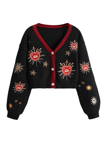 Image of BEAUDRM Women's Cropped Cardigan Sweater Embroidered Cardigan Cropped Sweater Button Down Knit Top Outerwear