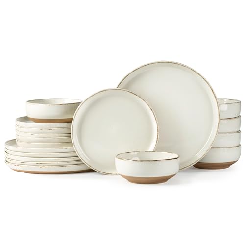 Image of AmorArc 18 Pieces Ceramic Dinnerware Sets for 6, Handpainted Stoneware Plates and Bowls Set with Rustic Terracotta Underside, Scratch Resistant Dishes Set, Dishwasher & Microwave Safe