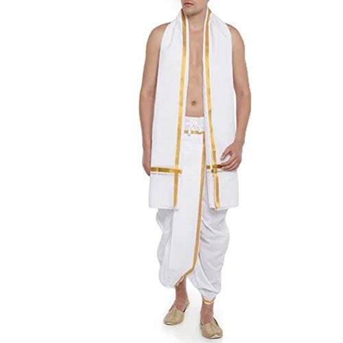 sjs Men's Traditional Pure Cotton Readymade Panchakacham and Angavastram (White)-picture-31