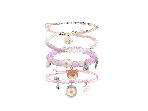 Image of 4 Pcs Beaded Cute Bracelets for Teen Girls Women, Dainty Cute Cartoon Crystal Beads Pearl Stretch Charm Handmade Adjustable Anklets Bracelet Set Birthday Gift for Friends