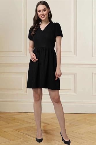 Image of POPWINGS Casual Self Crush Design Solid Knee Length Blouson Peplum Dress for Women || Stylish Summer Dress for Women || Knee-Length Dress for Women || V-Neck Dresses for Women