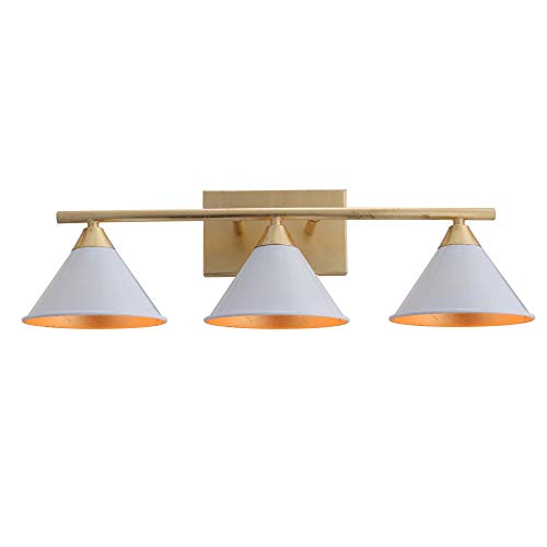 Image of JONATHAN Y Yvette 3-Light Wall Sconce 25 inch Metal Vanity, White /Gold Leaf | Modern Bathroom Mirror Fixture, Cone Shade, UL Listed, For Bathroom Mirror, Bedroom, Hallway, Hardwired, LED Bulb Included