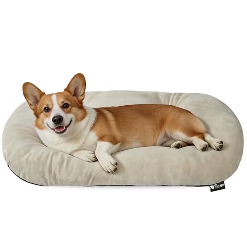 Image of Washable Oval Dog Bedfor Medium Dogs,Silver-Tipped High-Resilience,Beige | Non-Slip Bottom Prevents Sliding, Soft Plush Short Fur, Machine Washable, Ideal for Crates /Apartments /Cozy Nooks,29 inchx18 inchx2.8 inch