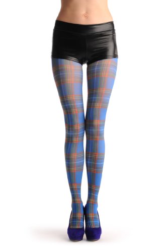 LissKiss Blue Checkered Print - Blue Printed Geometrical Pantyhose (Tights) - Main Image