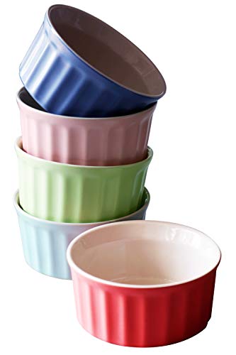 Cestash 6 Ounce Porcelain Souffle Cups - Oven Safe Ramekins for Baking - Porcelain Baking Dish For Soufflé, Creme Brulee and Ice Cream - Colorful Souffle Dishes (Set of 5)