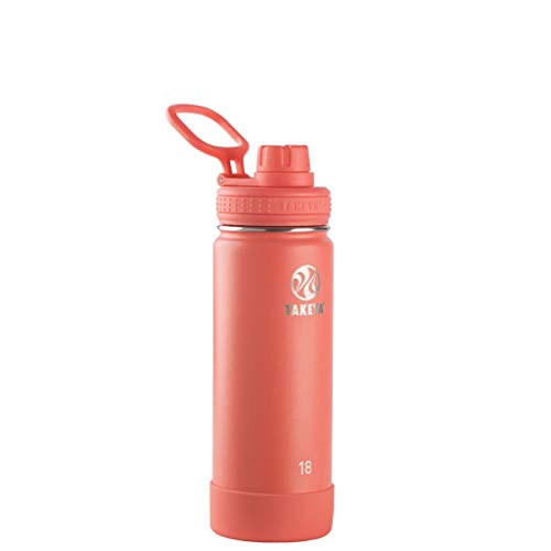 Takeya Actives Insulated Stainless Steel Water Bottle with Spout Lid, 18 Ounce, Coral