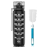 QIVORO 1-liter water bottle, made of BPA-free Tritan material, capacity 1 liter, with time markings, suitable for gym, outdoor activities, and campus use (Black).