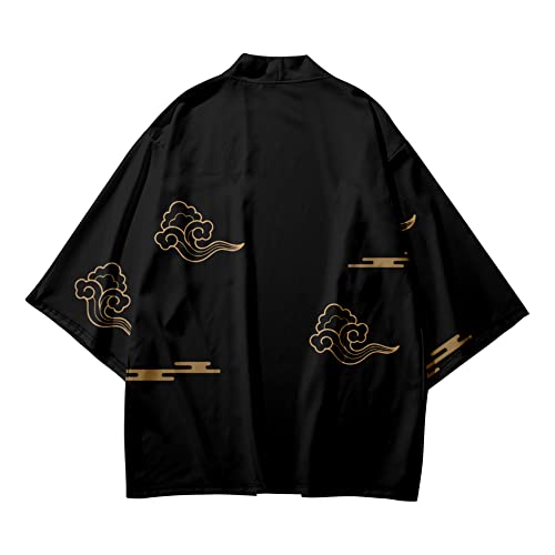 Image of DOSLAVIDA Men's Japanese Kimono Jacket Set Stylish Open Front Coat With Shorts Chinese Style Printed Cardigan Suit