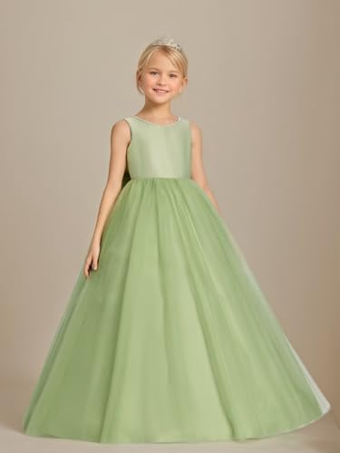 Satin Tulle Flower Girl Dress for Wedding Girl's Pearls Formal First Communion Dresses with Bowknot2