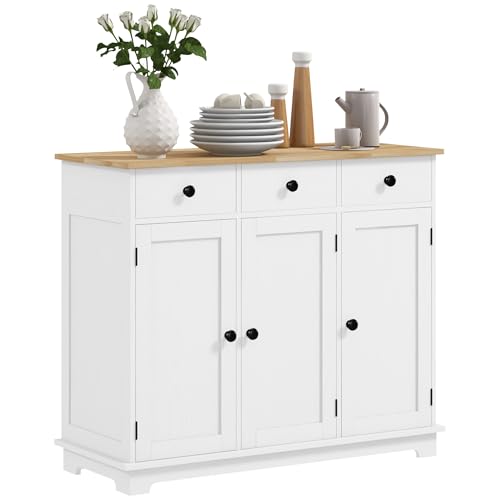 HOMCOM Sideboard Buffet Cabinet Solid Wood Countertop White | Modern Kitchen Storage Coffee Bar Cabinet 2 Drawers Doors Adjustable Shelf product thumbnail 2