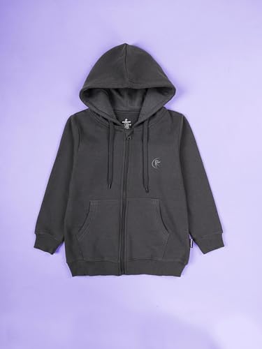 Image of KiddoPanti Boys Solid Cotton Full Sleeve Zip-Up Front Open Hooded Sweatshirt