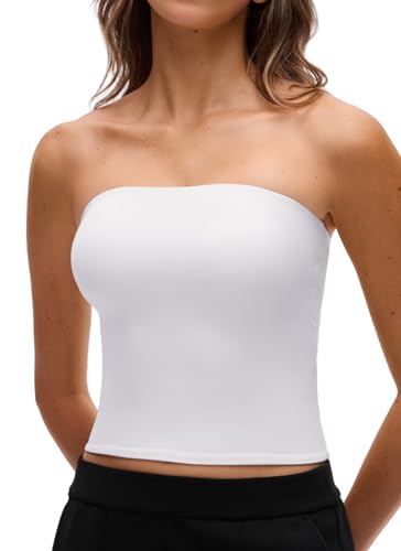 CRZ YOGA Butterluxe Double Lined Tube Tops for Women - Going Out Casual Tank Bandeau Crop Strapless Shirts White Medium