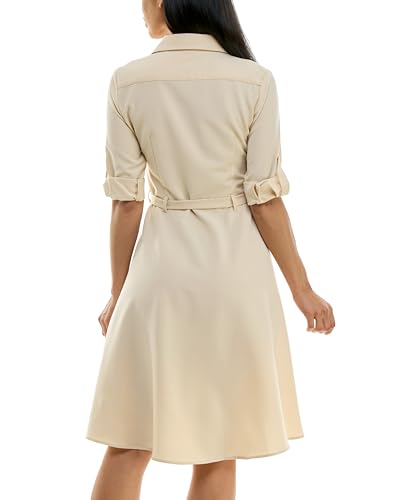 Image of Sharagano Women's Pleated Shirt Dress - 3 /4 Sleeve, V-Neck, Gold Buttons