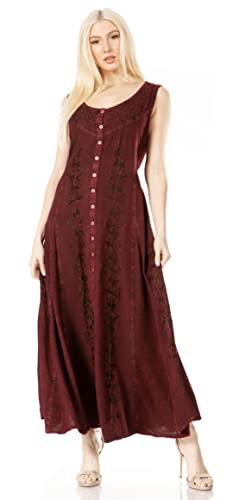 Image of Sakkas Maya Floral Embroidered Sleeveless Button Up Rayon Dress