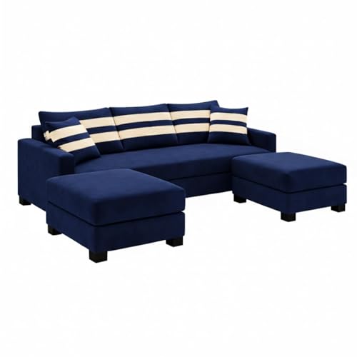 Image of Kassian Rich Velvet Suede 3 Seater Sofa Set with 2 Ottomans | Spacious Soft Touch Comfort Seating | Modern Sofa for Living Room - Dark Blue