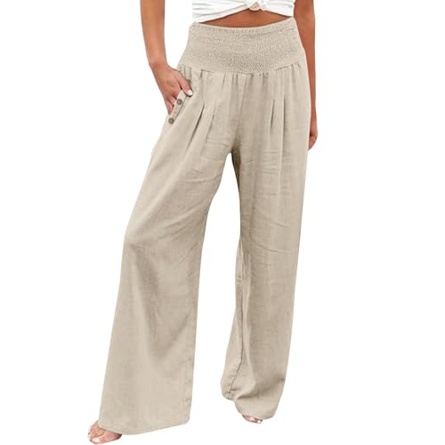 Palazzo Pants for Women Casual Summer Wide Leg Linen Pants for Women Boho Beach High Waist Elastic Lounge Trousers