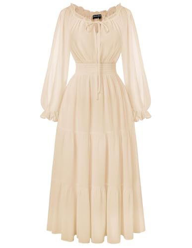 Damen Renaissance Maxi Kleider Off Shoulder A-Linie Hohe Taille Festlicher Kleider Aprikose M