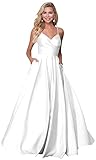 Zhongde White Corset Prom Dress for Women Spaghetti Strap Satin Ball Gown Ruched A-line Wedding Guest Dress with Pockets US4