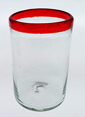 Mexican Glass Red Rim, Hand Blown, 16 Oz, set of 6