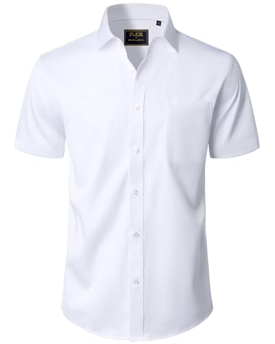 J.VER White Dress Shirt for Men Button Down Short Sleeve Shirts Solid Wrinkle Free Formal Tops with Pocket for Summer L