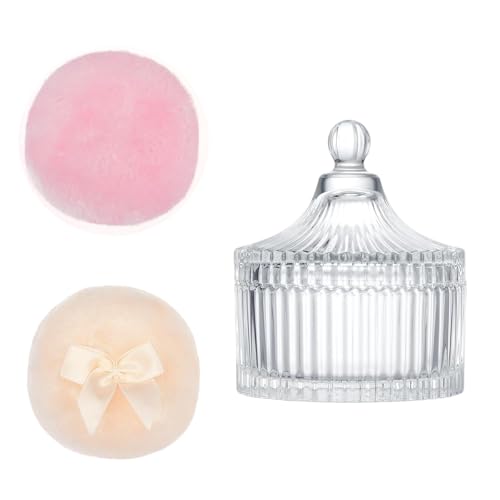 Récipient en verre avec 3 houppettes maquillage extra larges