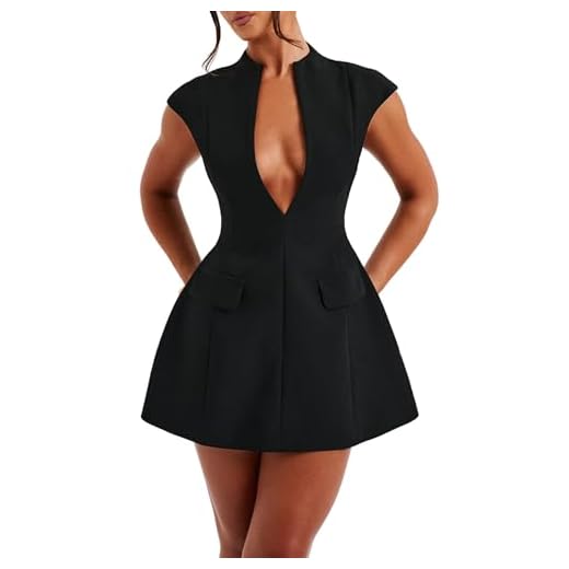 LuFeng Women's Summer Sexy Cap Sleeve Deep V Neck Zipper A-line Mini Dress Hollow Bodycon Night Out Party Dress Black