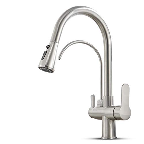 MENATT Filter Kitchen Faucet with Drinking Water Faucet, High Arc Pull Down 3-Way Kitchen Faucet, 3 in 1 Sink Cold and Hot Mixer Tap (Brushed Nickel) by MENATT - Used condition - CA$53.57