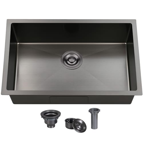 Image of 28 Inch Undermount Kitchen Sink Black, 28x18 Gunmetal Black 16 Gauge Stainless Steel Single Bowl Under Mount Commercial Kitchen Sinks 9 Inch Deep Includes Drain
