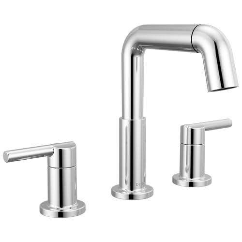 Image of Delta Nicoli Chrome Bathroom Faucet with Sprayer, 8 Inch 3 Hole Widespread Bathroom Sink Faucet with Pull Out Sprayer, Push-Pop Drain, Chrome 35849LF-PD