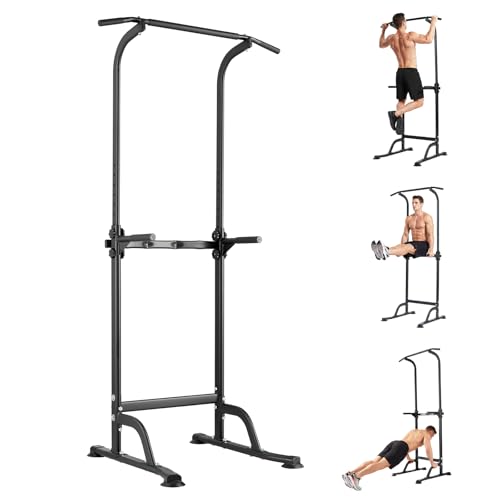 Power Tower Home Gym Strength Training Station Adjustable 10 Height Levels Heavy-Duty Chin-Up Tower with Parallel Dip Handles Bodyweight Workout Equipment for Pull-Ups Dips Knee Raises Push-Ups 330 Lb Capacity