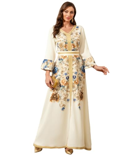 Middle Eastern Modest Maxi Dress - Muslim Moroccan Kaftan Abaya for Women Gold Embroidered Eid Dress Islamic Traditional Wear (Champagne, XS)