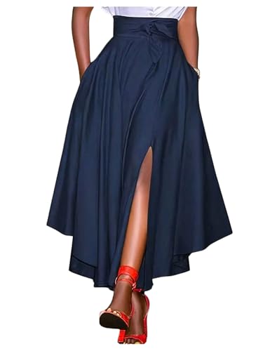 Verdusa Women's Thigh Slit Belted Maxi Skirt Business Casual A Line Flowy Skirts with Pockets