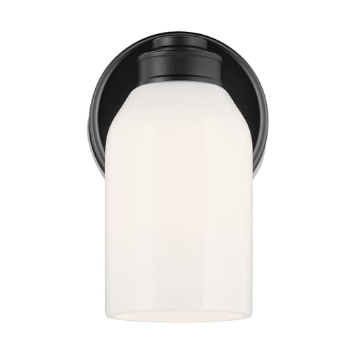 Image of Kichler Shae 1-Light Bathroom Wall Light, Black | White opal glass wall light for bathrooms, hallways and mirrors (5 inch x 8.25 inch), 55200BK
