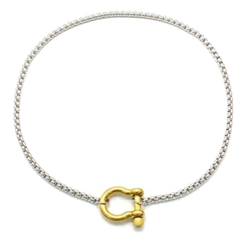 18K Gold Plated Buckle Necklace with Heavy Screw Anchor Shackle Wheat Chain Two Tone Carabiner 17.7 Inch Stainless Steel Foxtail Chain