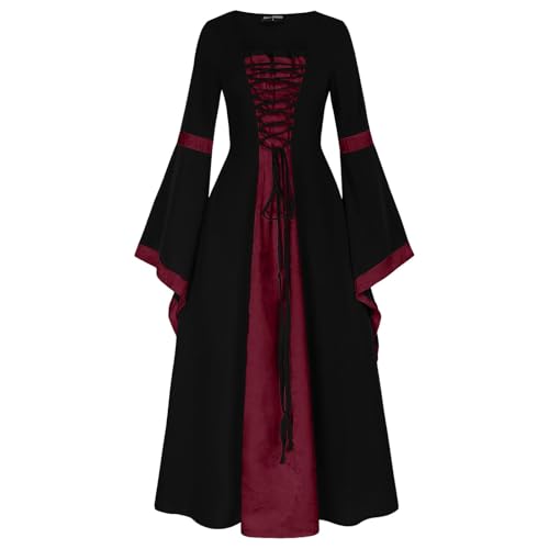 Disfraz de Halloween para mujer, vestido medieval renacentista manga trompeta para cosplay, carnaval, atuendo histórico2, vino., M