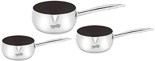 Haussmann Héritage® - Set de 3 Casseroles Inox avec Revêtement Façon Pierre (16/18/20 cm) - Antiadhésif Sans PFOA - Compatible Induction - Fond Triple...