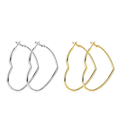 Boucles d'Oreilles Créoles Pour Femmes Filles En Forme De Coeur 2 Paires, Boucles Créoles Géométriques Hypoallergéniques En Acier Inoxydable Boucles Femmes Ensemble De Boucles d'Oreilles Créoles