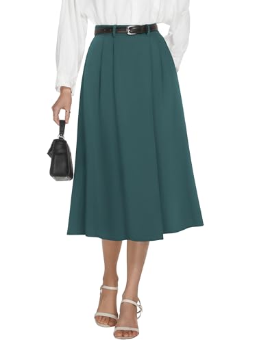 Image of Casly Lamiit A-Line Midi Skirts for Women Business Skirt | Elastic High Waisted, Pleated with Pockets, Work Skirts Casual