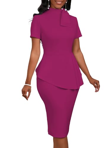 Image of WanMem Women Formal Bodycon Peplum Cocktail Dress Short Sleeve Bow Ruffle Pencil Party Midi Dresses