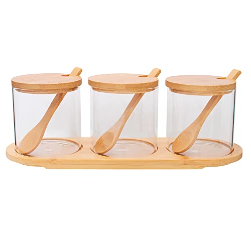 Mimo Style Jogo de 3 Potes de Vidro Borossilicato com Tampa, Colher e Suporte de Bambu, Ideal para...