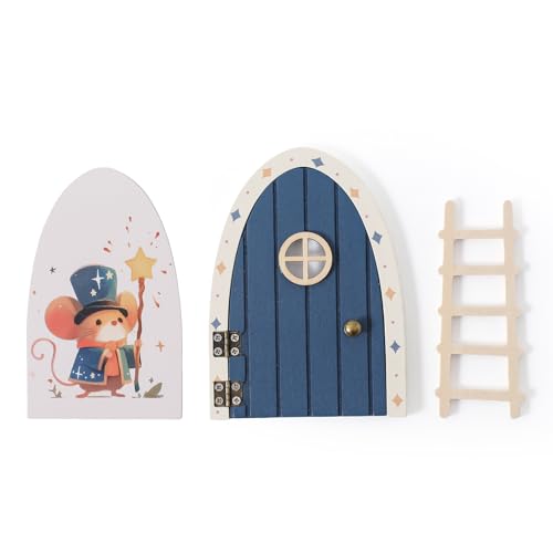 Christmas Mamimami Home Blue Wooden Magical Fairy Doors 13cm 5.12 inch Elf Mouse Miniature Tiny Door with Ladder Tooth Fairy Door Handmade Decorations Gifts