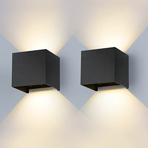 2 Pack Applique Murale Interieur/Exterieur 12W, Applique Murale IP65 Étanche, 3000K Blanc Chaud Applique Murale Carre, 10x10x10cm Luminaire Murale pour Porche Couloir Cour Chambre Salon, Noir Cover