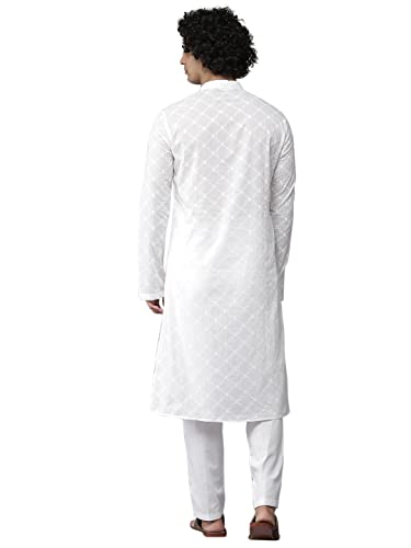 Image of See Designs Mens Kurta |White Cotton Embroidered Kurta Set Mandarin Collar Long Sleeves