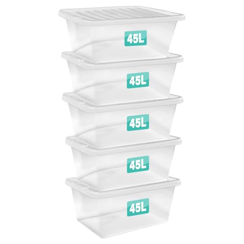 Optimal Products 5 x 45 Litre Clear Plastic Storage Box With Lids UK BRITISH MADE Home Office Stackable Nestable Transparent Plastic Boxes Size 5 11 24 28 35 45 62 Litre (5 Boxes 45 Litre)