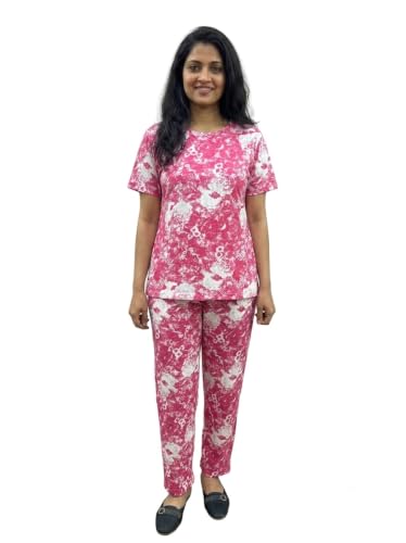Image of Women's Night Dress | Printed Cotton Night Suit | Pyjama Set with Top and Bottom | Sleepwear | Ladies Night Dress | Casual Nightwear with Pocket | T-Shirt and Pant | Co-ord Set