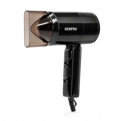 Image of GUSTTO Foldable Hair Dryer, 1100W, 2 Heat and Speed Settings, Compact Travel Size with Hanging Ring (Hexagonal Black), BIS Certified
