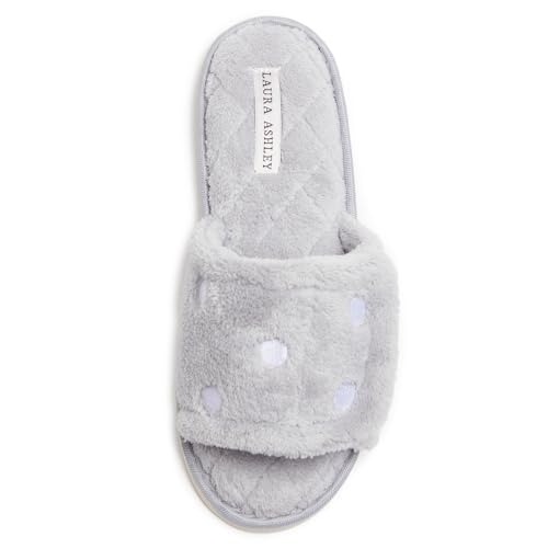 Laura Ashley Open Toe Velcro Band Fluffy Scuff Slippers for Women with Non-Slip Sole, Plush Memory Foam Slippers